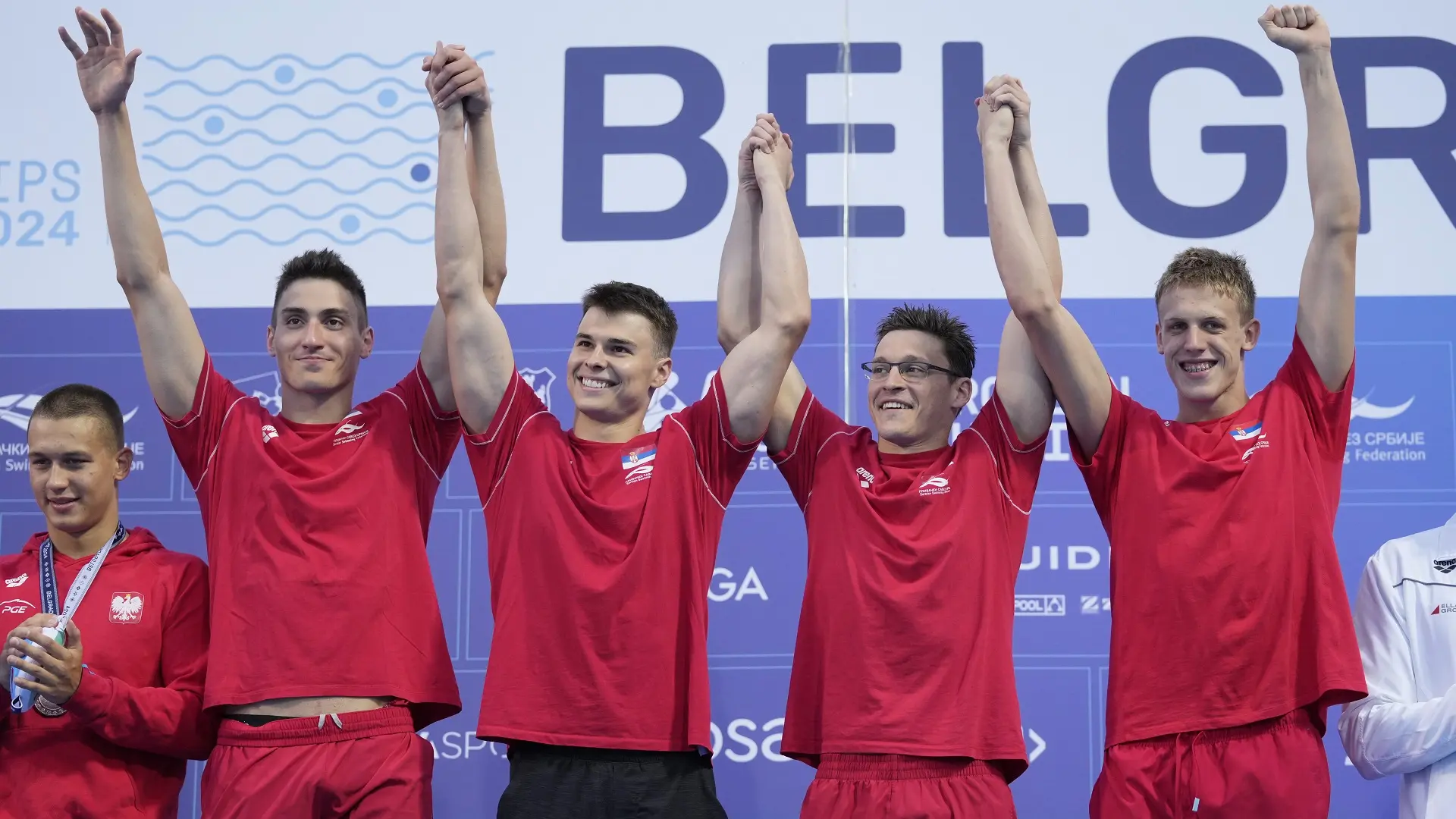 Nikola Aćin, Andrej Barna, Velimir Stjepanović i Justin Cvetkov, plivanje, muška plivačka štafeta 4x100 slobodno zlatna medalja na EP, 20 jun 2024 - foto AP Photo Darko Bandic Tanjug  (3)-667477a9ce6bd.webp